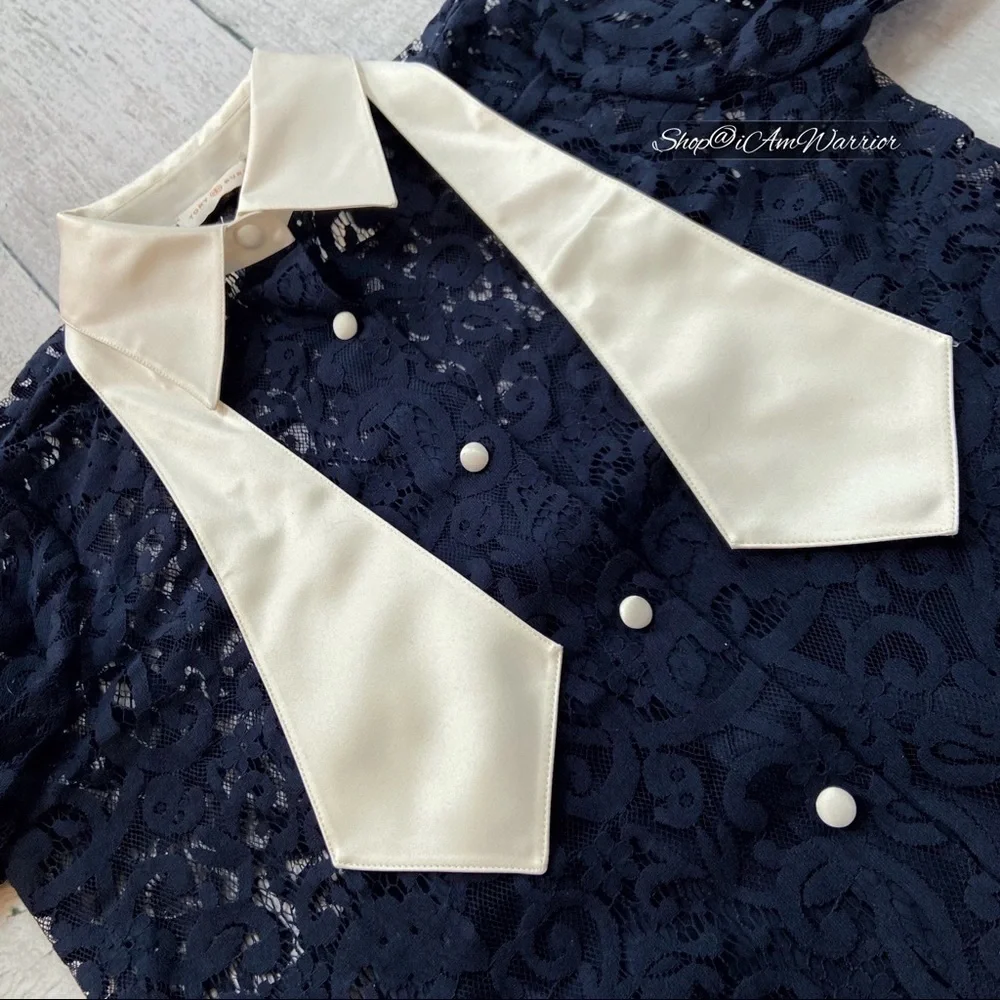 Tory Burch NWT navy lace blouse w/ ivory cuffs & collar with removable neck tie